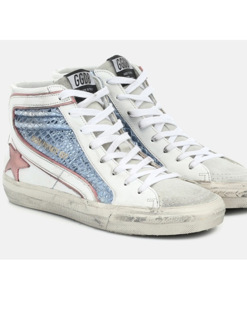 Golden Goose White High-Top Sneakers with Blue Panels & Pink Star